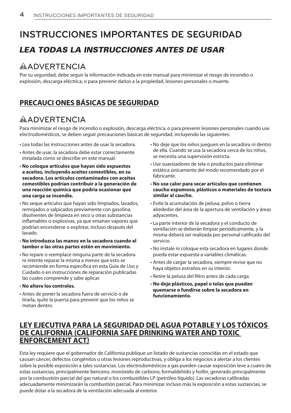 Instrucciones importantes de seguridad, Wadvertencia, Lea todas la instrucciones antes de usar | LG DLGY1702V User Manual | Page 44 / 84
