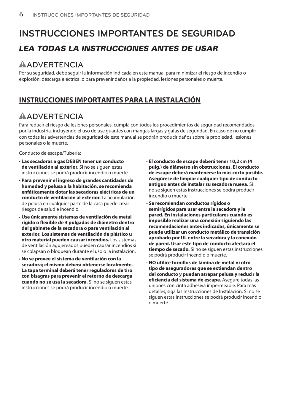 Instrucciones importantes de seguridad, Wadvertencia, Lea todas la instrucciones antes de usar | LG DLGY1702V User Manual | Page 46 / 84