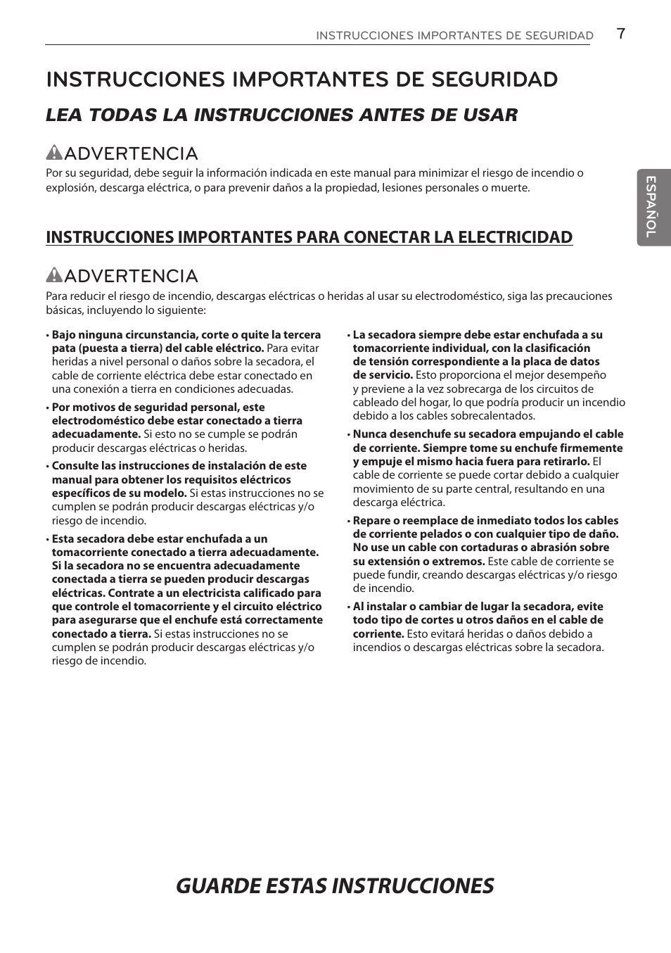 Instrucciones importantes de seguridad, Wadvertencia, Lea todas la instrucciones antes de usar | LG DLGY1702V User Manual | Page 47 / 84