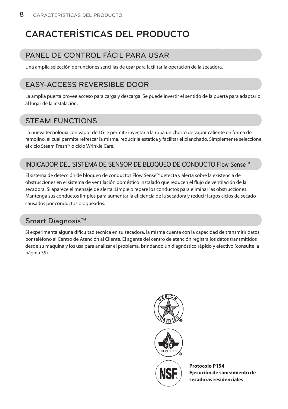 Características del producto, Panel de control fácil para usar, Easy-access reversible door | Steam functions, Smart diagnosis | LG DLGY1702V User Manual | Page 48 / 84