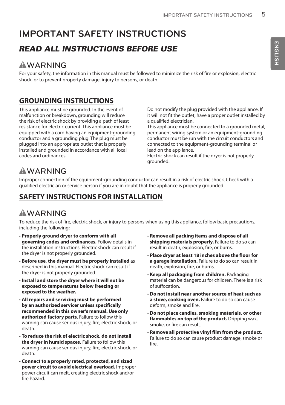 Important safety instructions, Wwarning, Read all instructions before use | LG DLGY1702V User Manual | Page 5 / 84