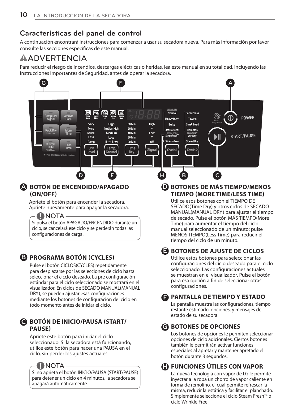 Wadvertencia, Características del panel de control | LG DLGY1702V User Manual | Page 50 / 84