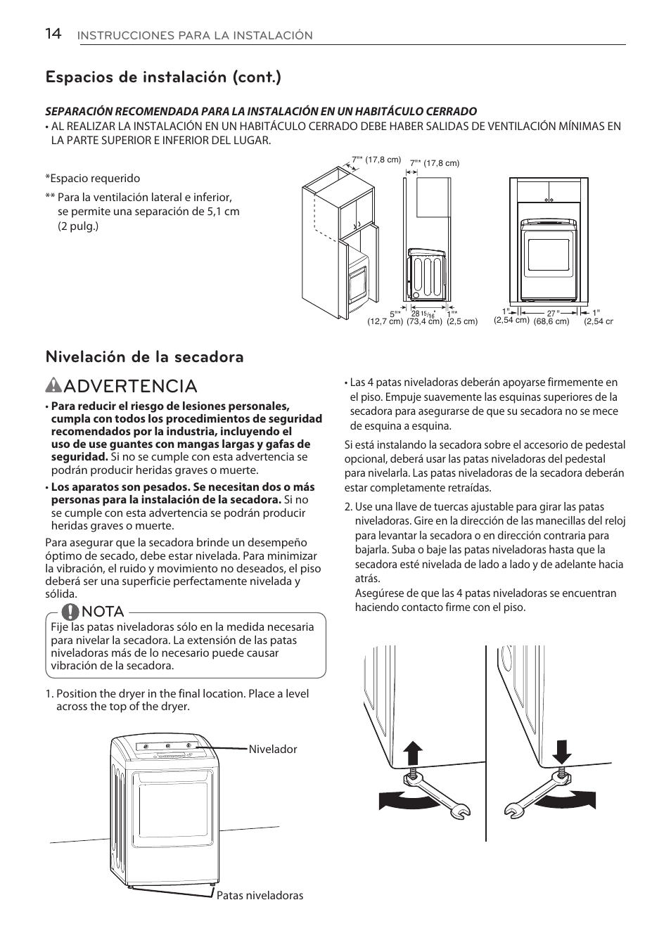 Wadvertencia, Espacios de instalación (cont.), Nivelación de la secadora | Nota | LG DLGY1702V User Manual | Page 54 / 84