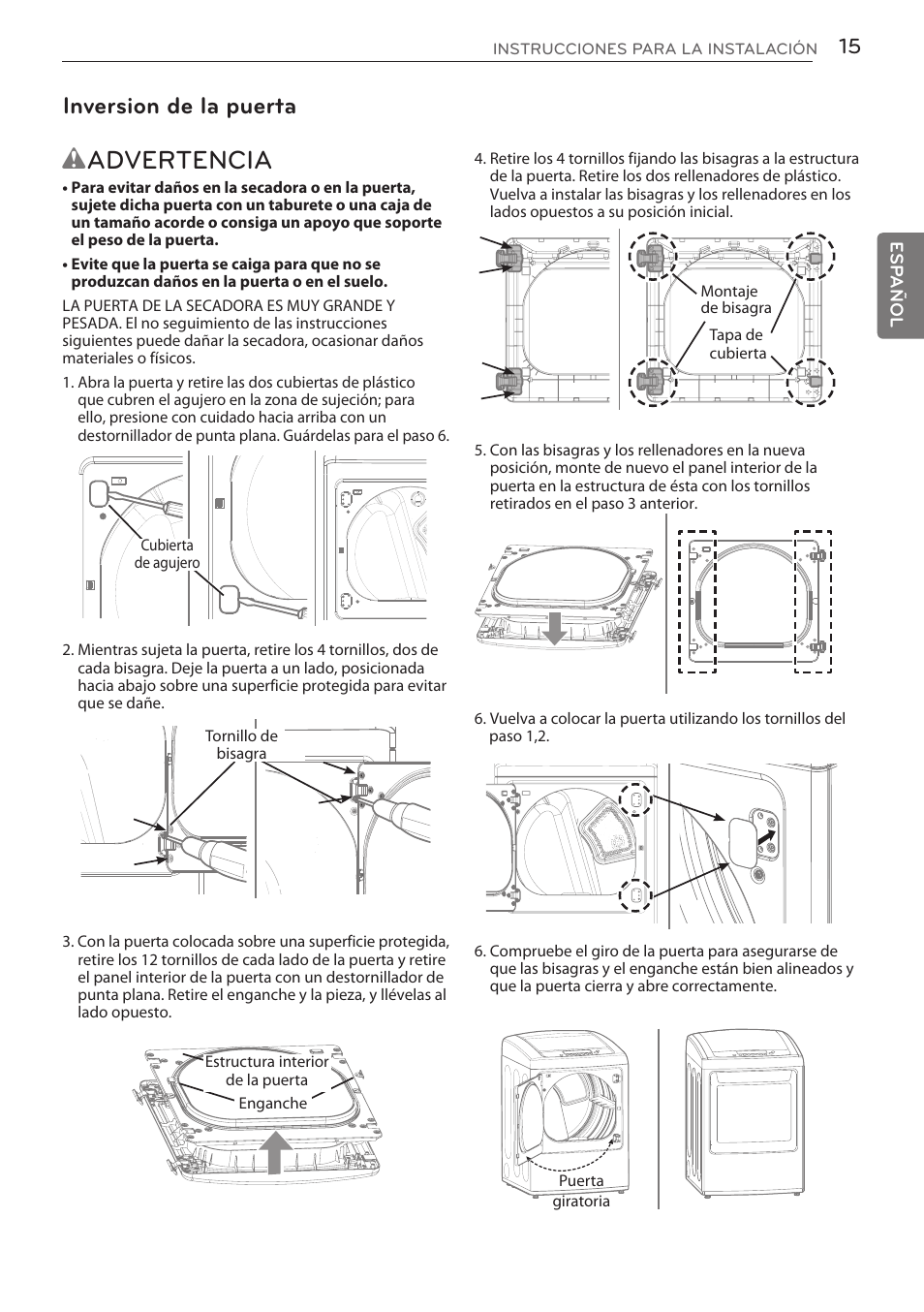 Wadvertencia, Inversion de la puerta | LG DLGY1702V User Manual | Page 55 / 84