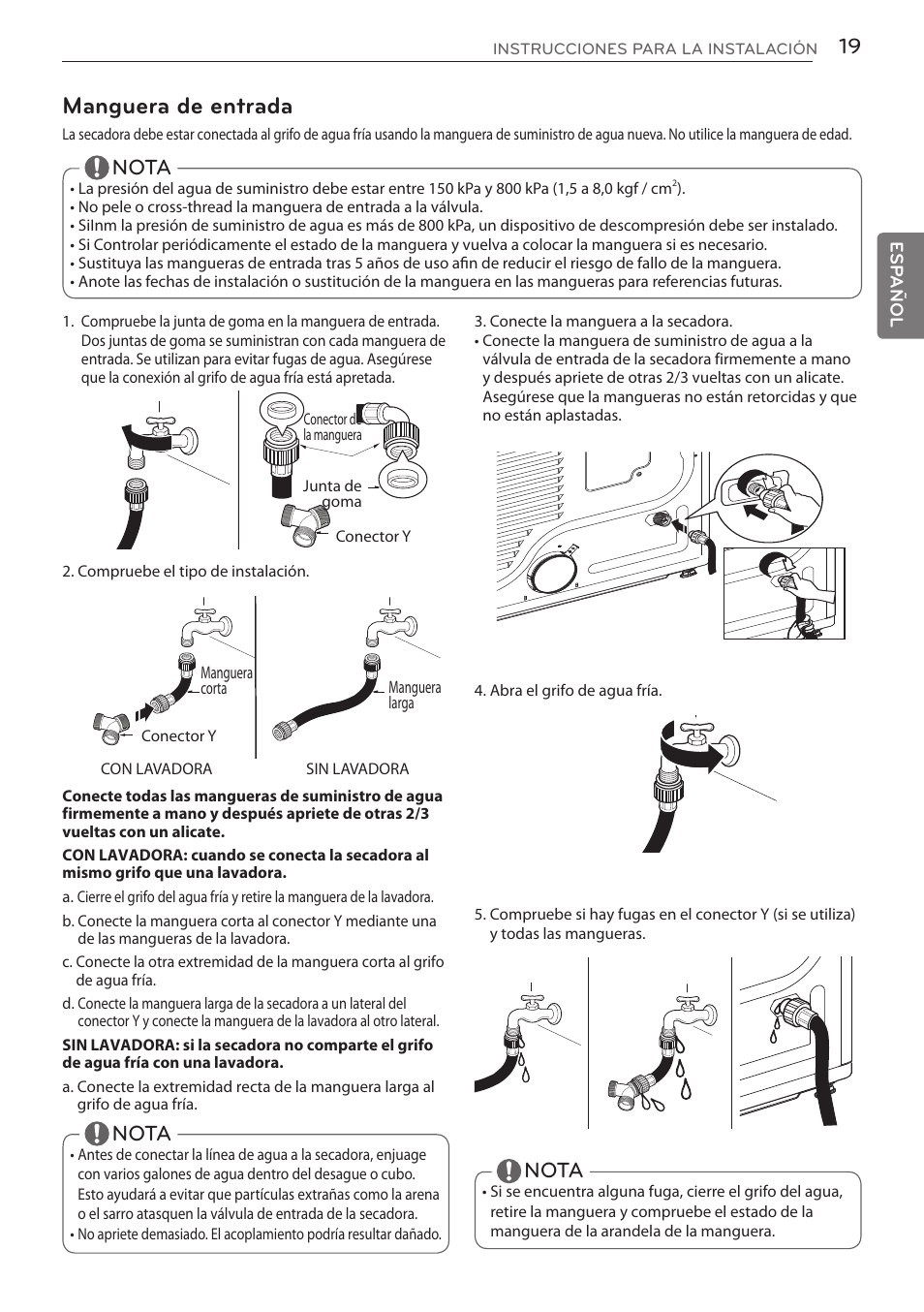 Manguera de entrada, Nota | LG DLGY1702V User Manual | Page 59 / 84