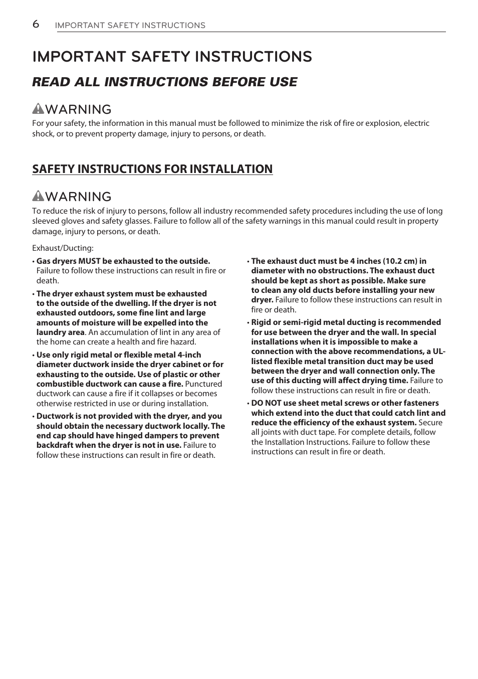 Important safety instructions, Wwarning, Read all instructions before use | LG DLGY1702V User Manual | Page 6 / 84