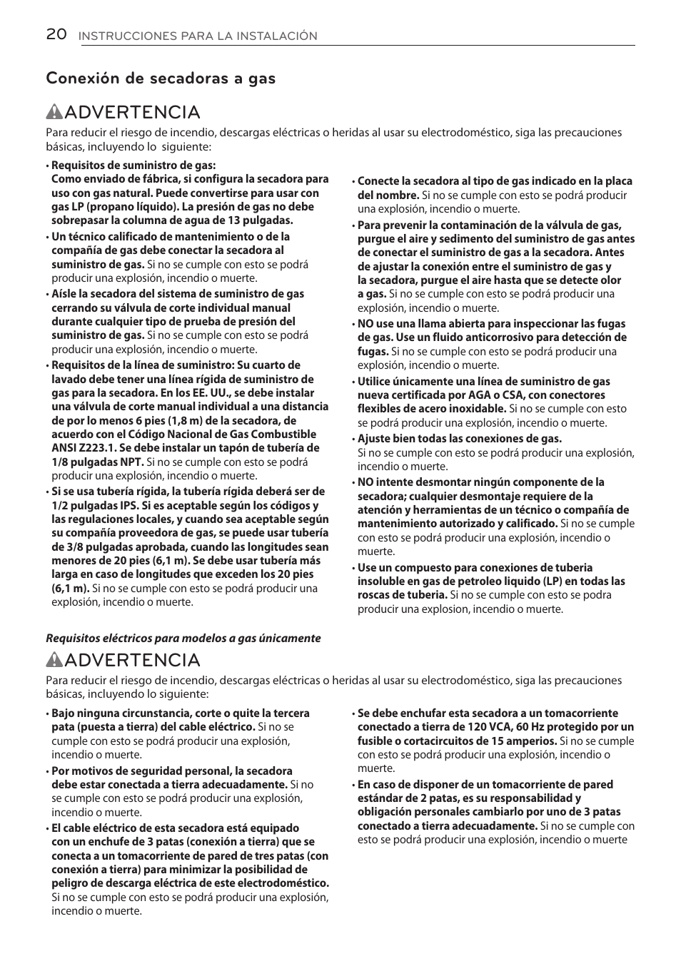 Wadvertencia, Conexión de secadoras a gas | LG DLGY1702V User Manual | Page 60 / 84