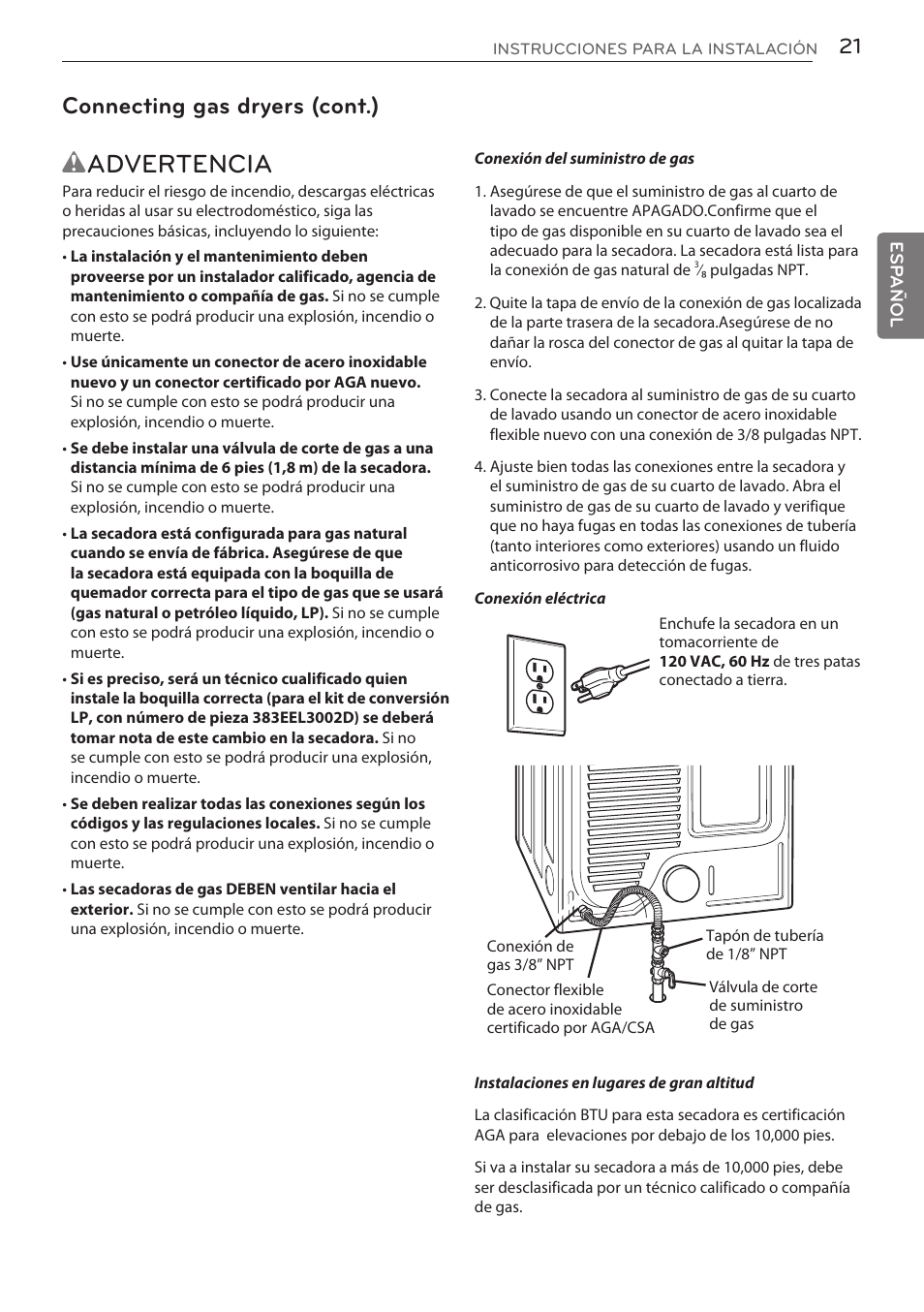 Wadvertencia, Connecting gas dryers (cont.) | LG DLGY1702V User Manual | Page 61 / 84