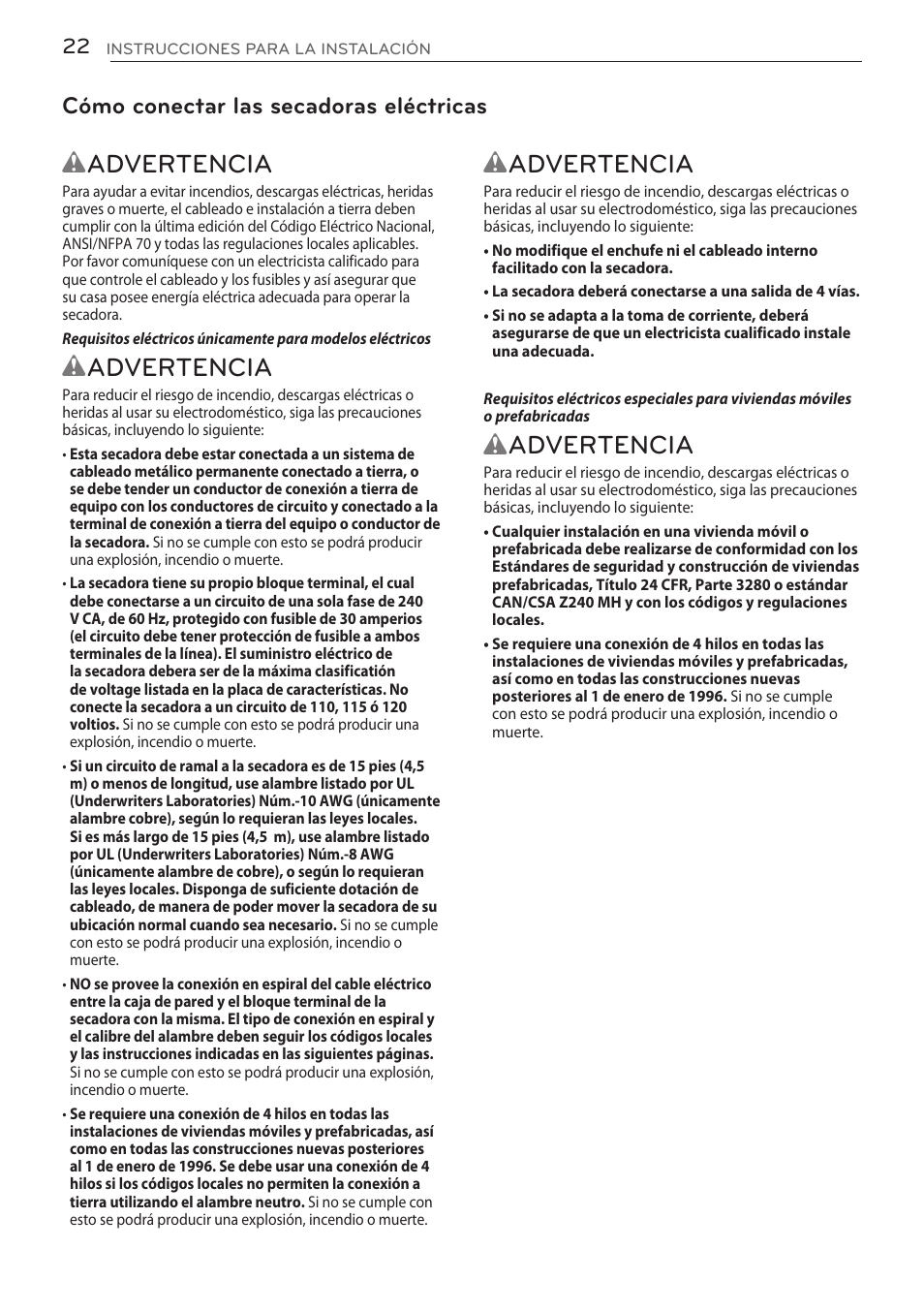Wadvertencia, Cómo conectar las secadoras eléctricas | LG DLGY1702V User Manual | Page 62 / 84