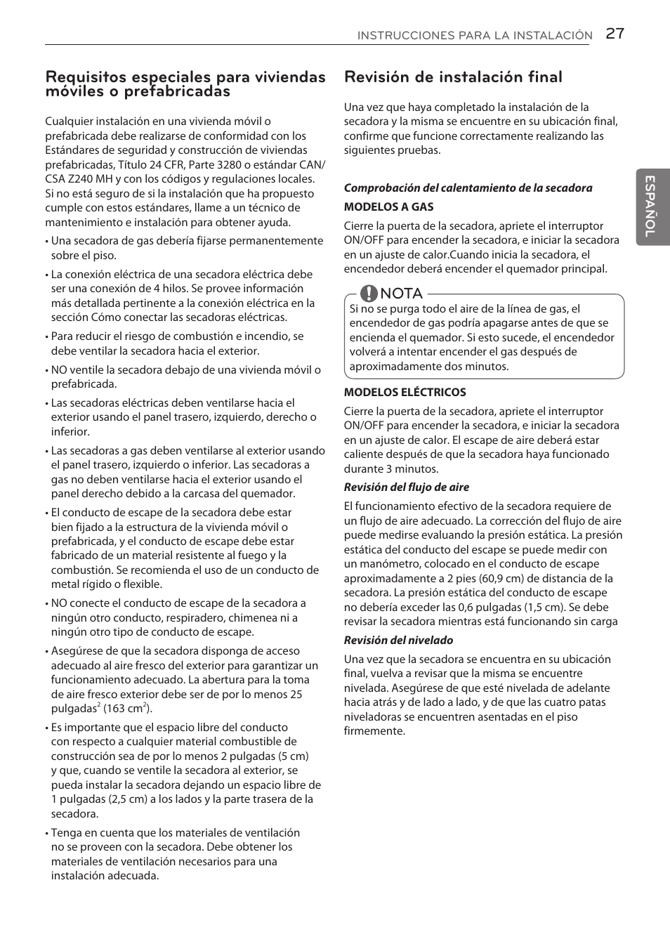 Revisión de instalación final, Nota | LG DLGY1702V User Manual | Page 67 / 84