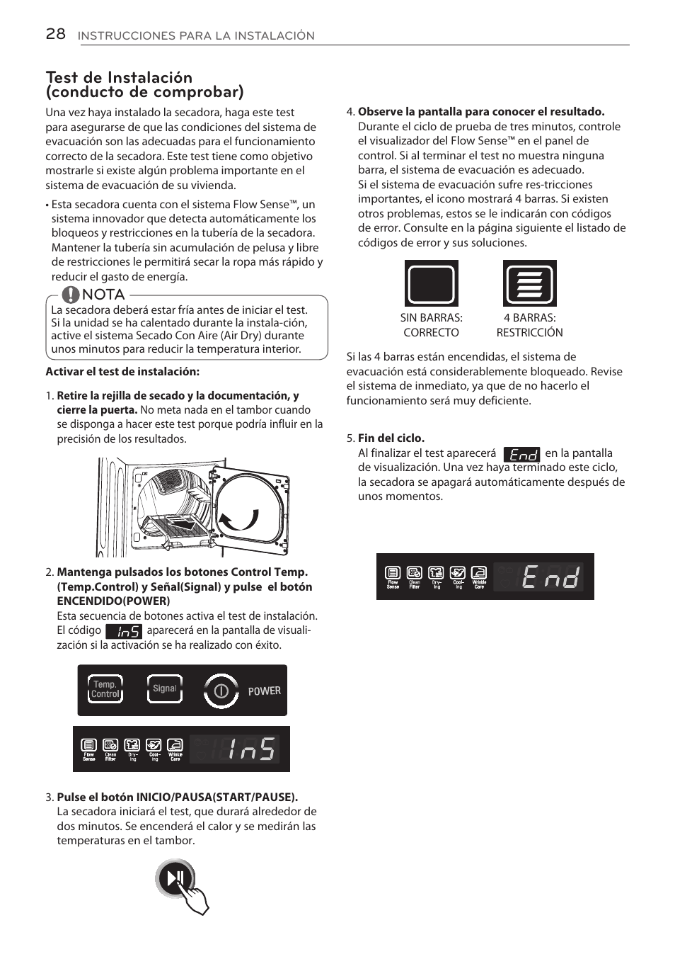 Test de instalación (conducto de comprobar), Nota | LG DLGY1702V User Manual | Page 68 / 84