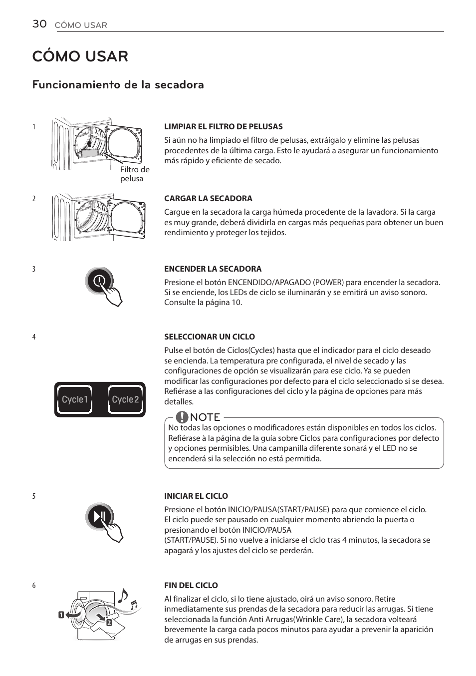 Cómo usar, Funcionamiento de la secadora | LG DLGY1702V User Manual | Page 70 / 84