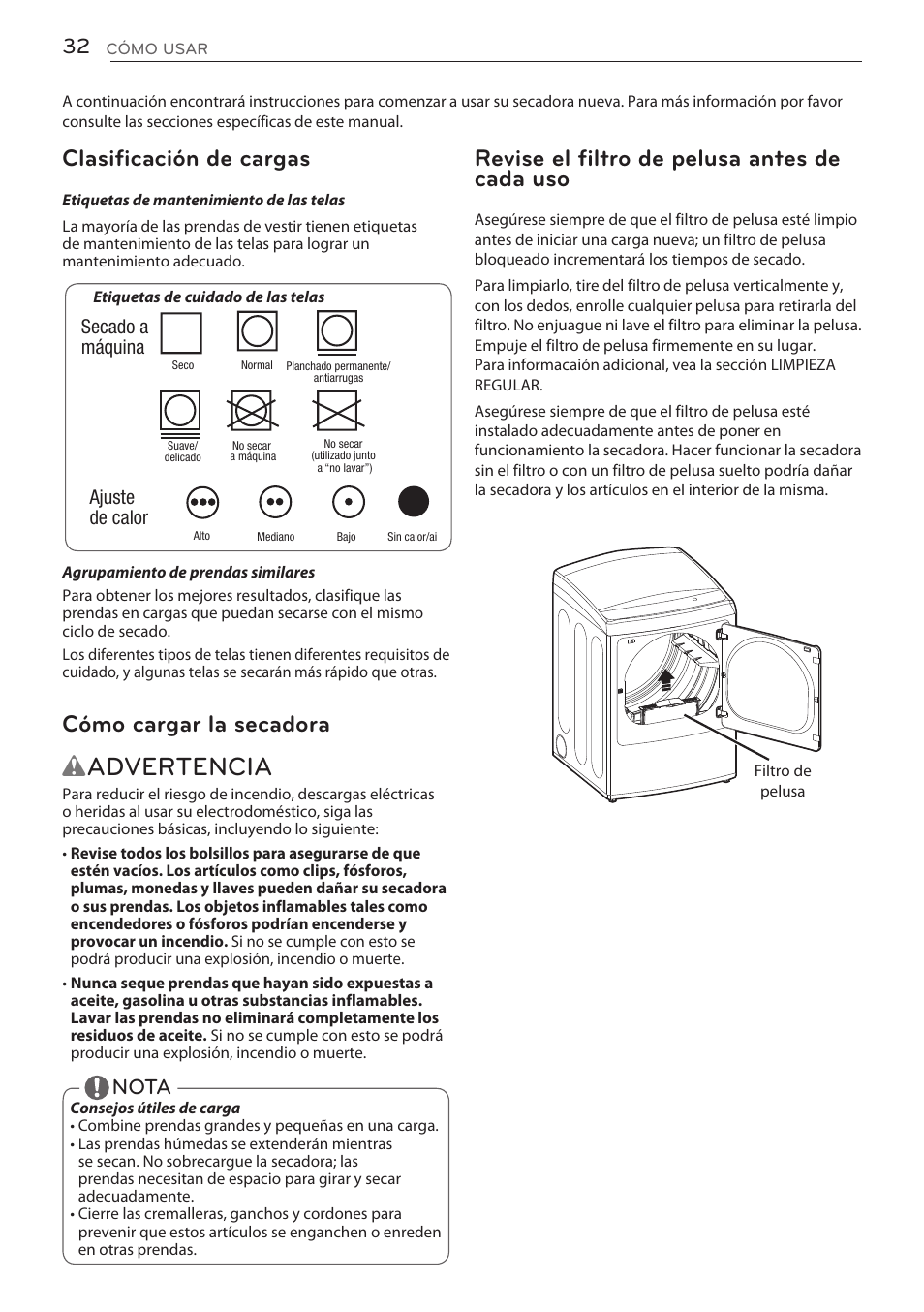 Wadvertencia, Revise el filtro de pelusa antes de cada uso, Clasificación de cargas | Cómo cargar la secadora, Nota | LG DLGY1702V User Manual | Page 72 / 84