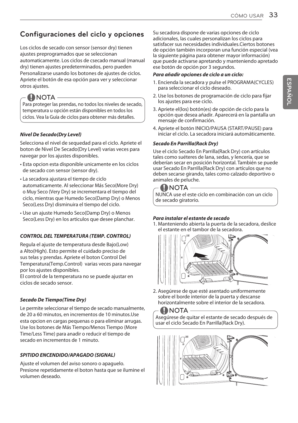 Configuraciones del ciclo y opciones, Nota | LG DLGY1702V User Manual | Page 73 / 84