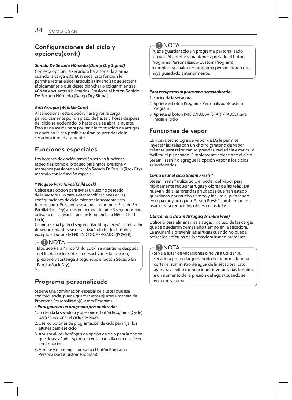 Configuraciones del ciclo y opciones(cont.), Funciones especiales, Programa personalizado | Funciones de vapor | LG DLGY1702V User Manual | Page 74 / 84