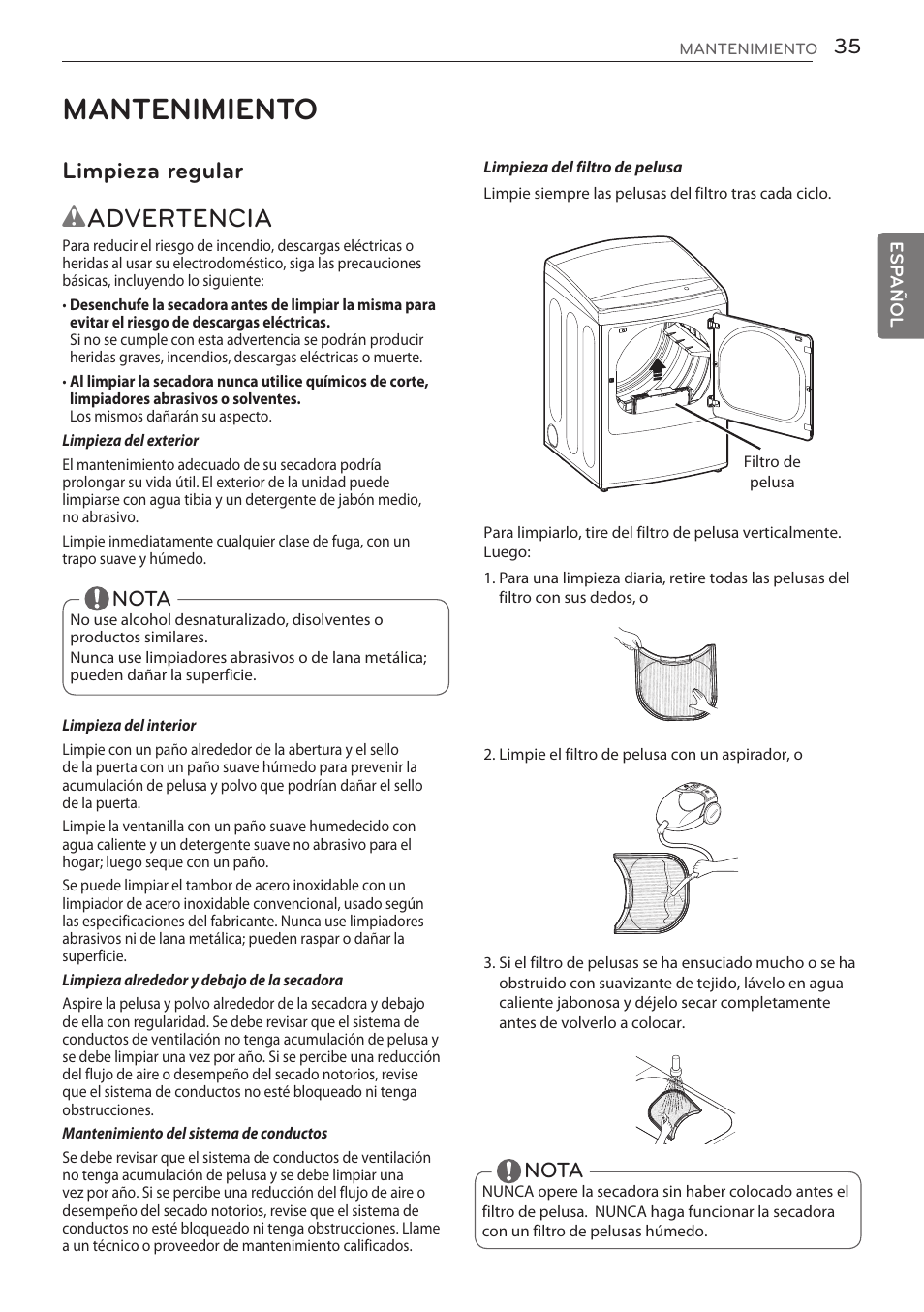 Mantenimiento, Wadvertencia, Limpieza regular | LG DLGY1702V User Manual | Page 75 / 84
