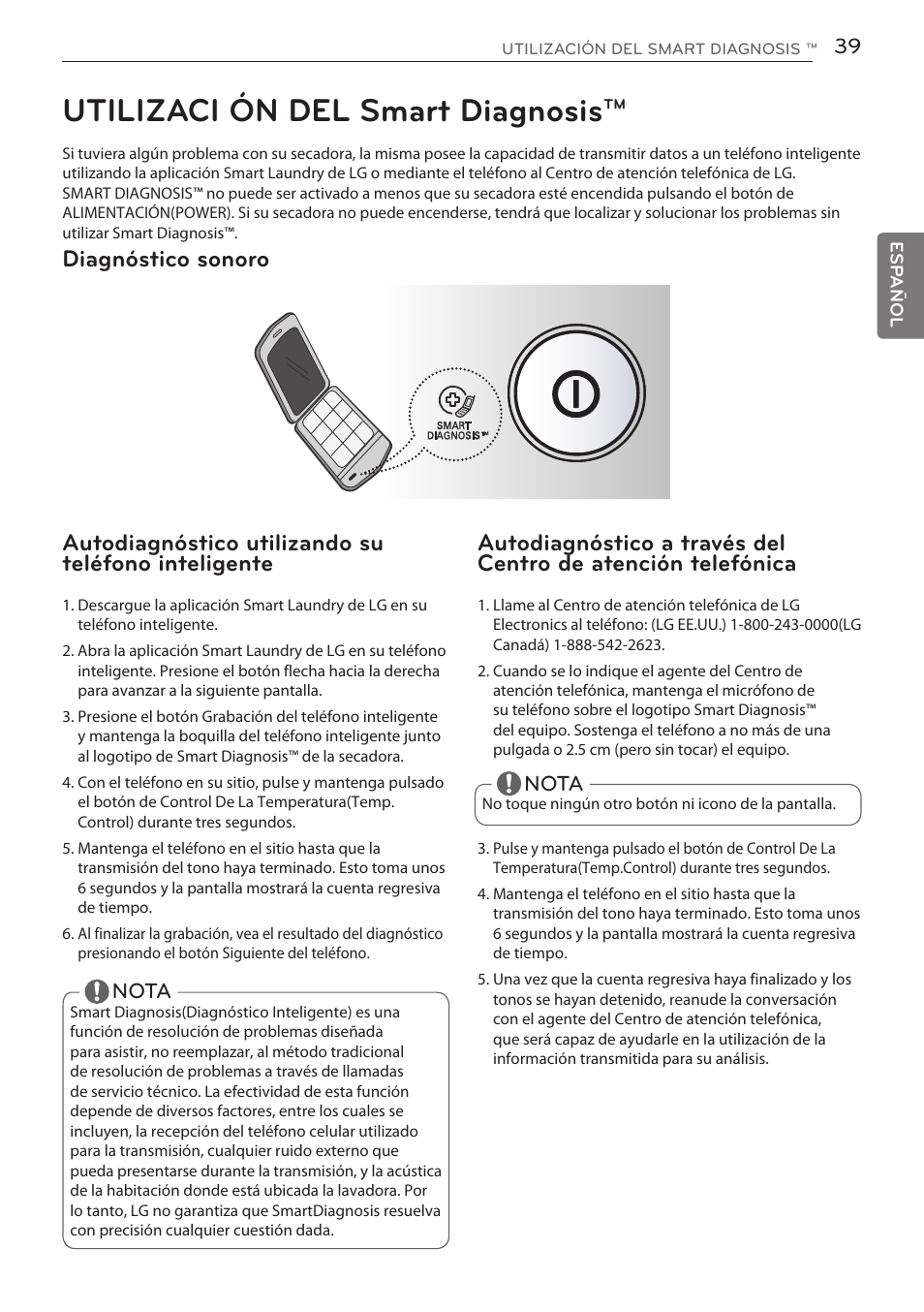 Utilizaci ón del smart diagnosis, Diagnóstico sonoro, Autodiagnóstico utilizando su teléfono inteligente | LG DLGY1702V User Manual | Page 79 / 84