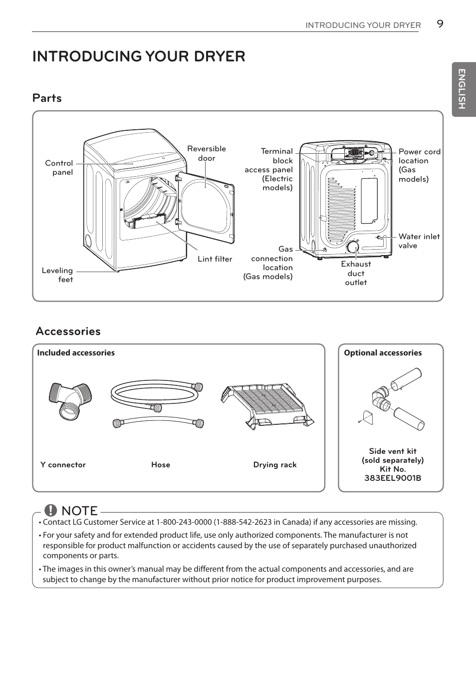 Introducing your dryer, Parts accessories | LG DLGY1702V User Manual | Page 9 / 84