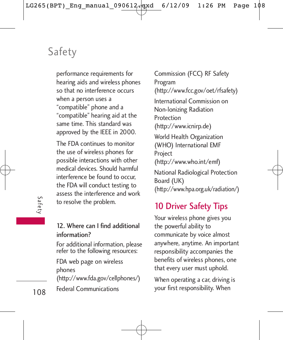 Safety, 10 driver safety tips | LG LG265 User Manual | Page 108 / 128