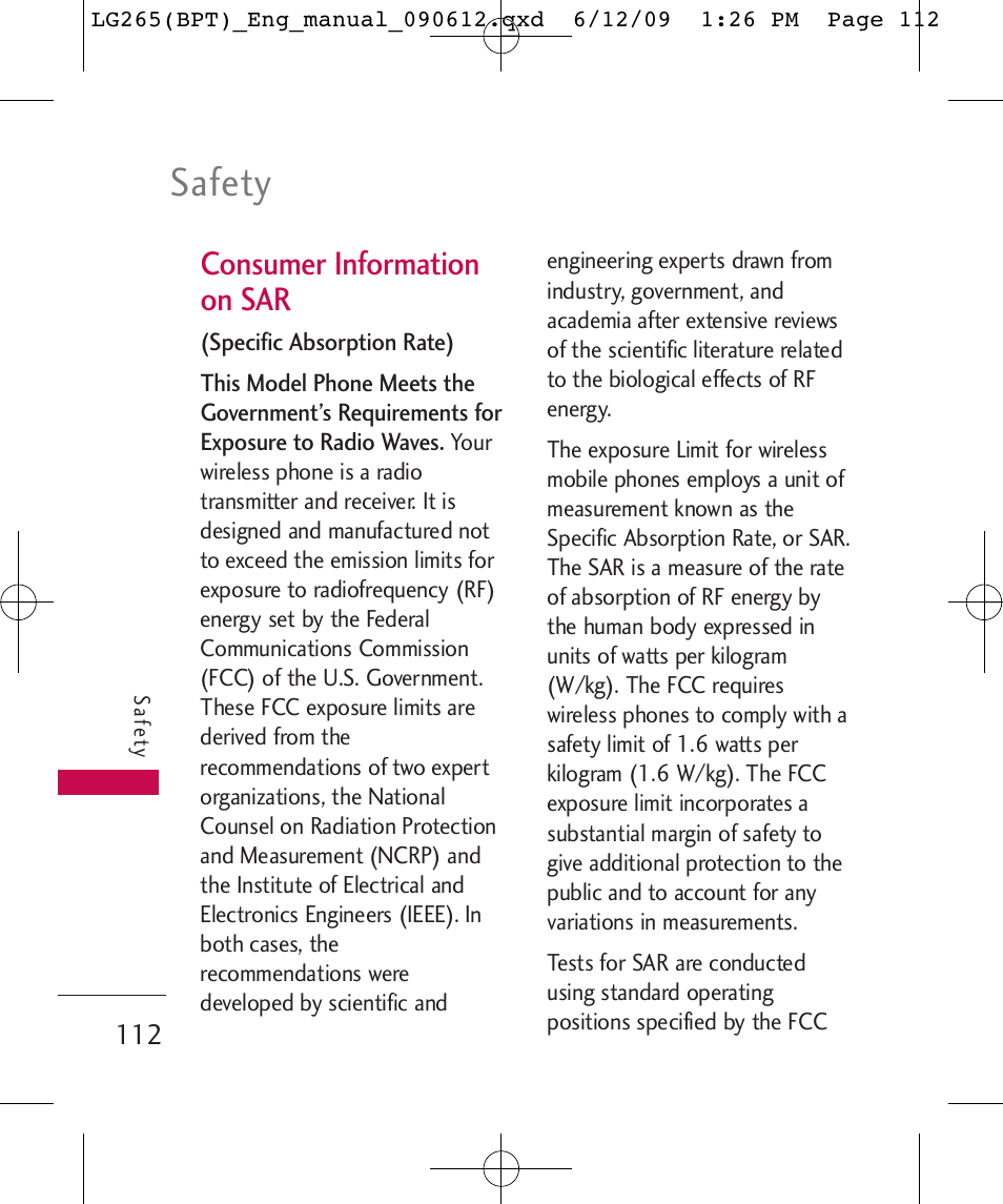 Safety, Consumer information on sar | LG LG265 User Manual | Page 112 / 128