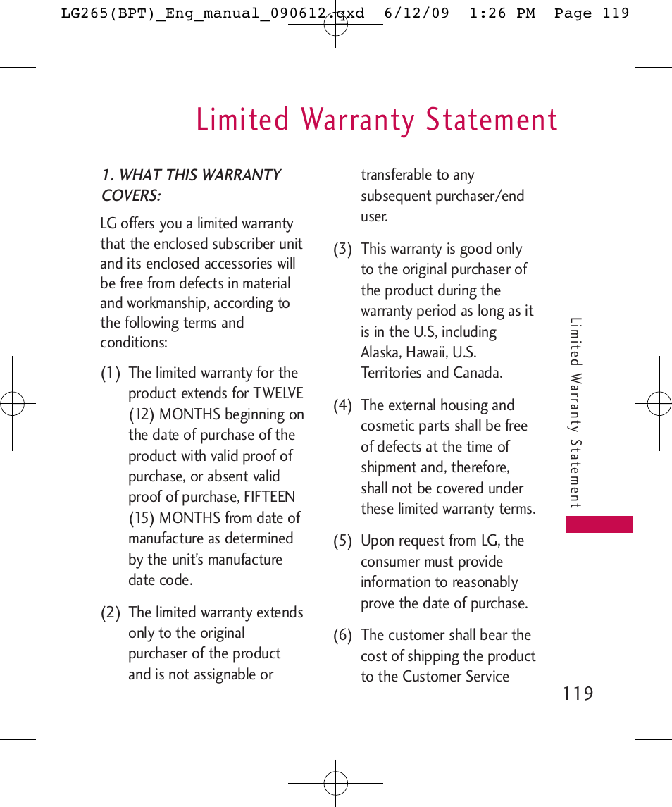 Limited warranty statement | LG LG265 User Manual | Page 119 / 128