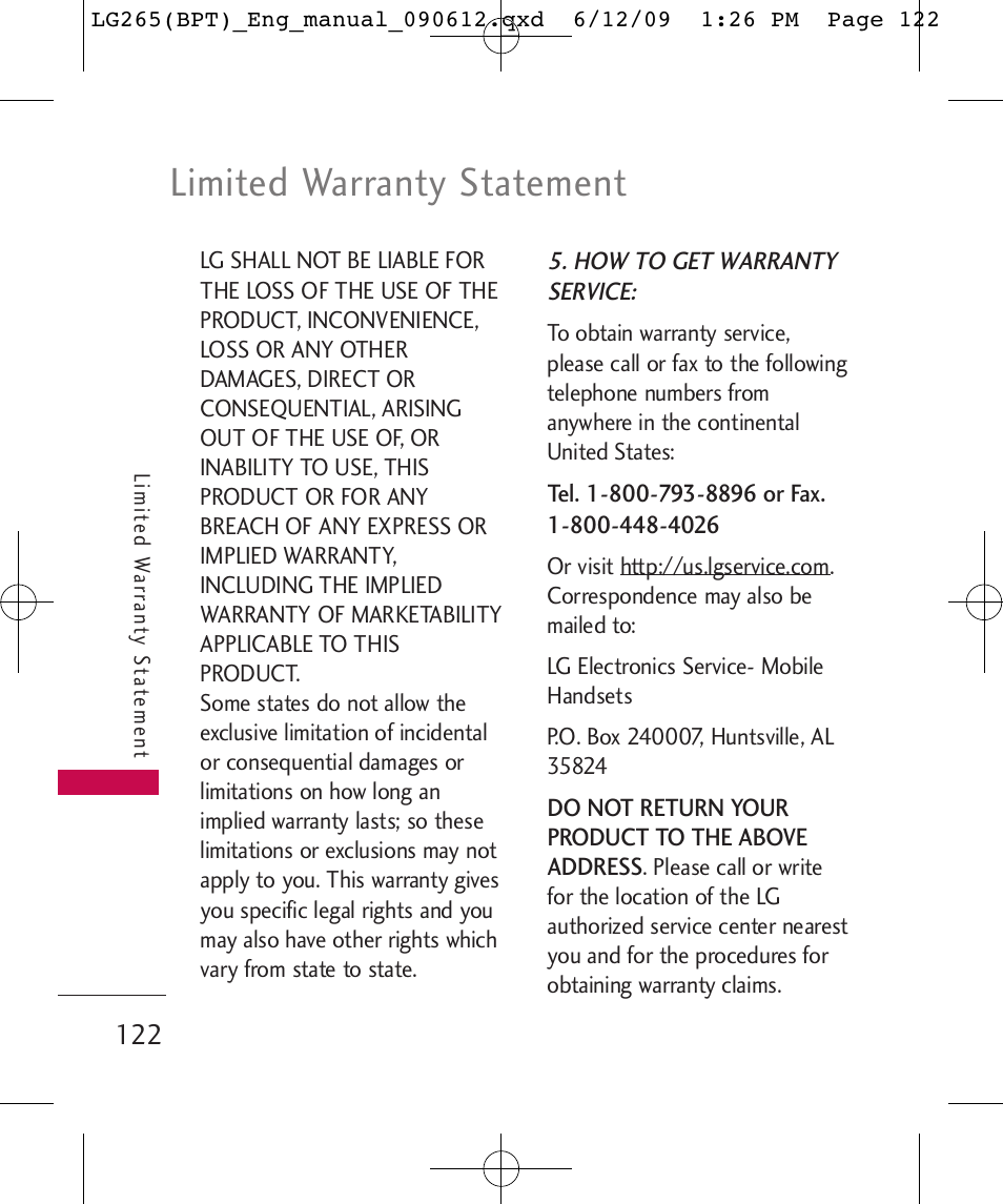 Limited warranty statement | LG LG265 User Manual | Page 122 / 128