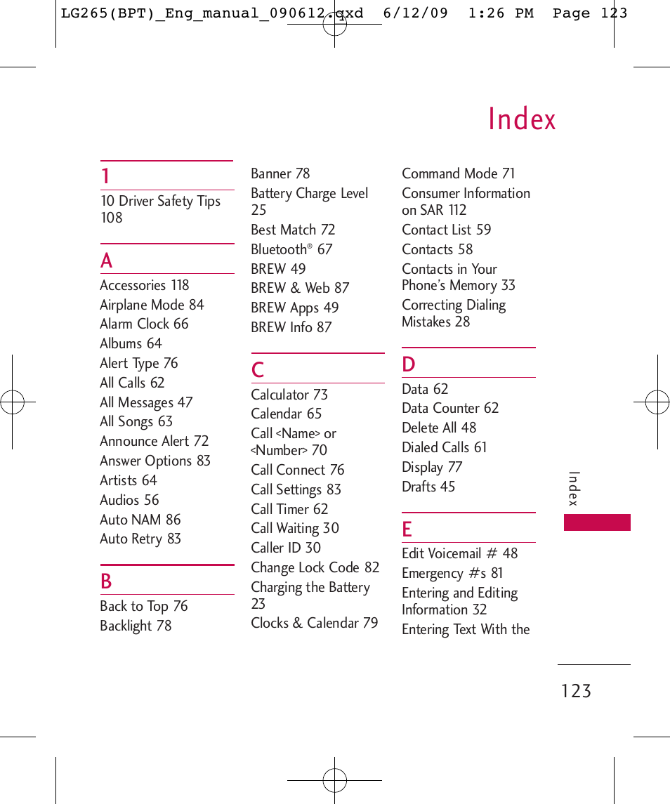 Index | LG LG265 User Manual | Page 123 / 128