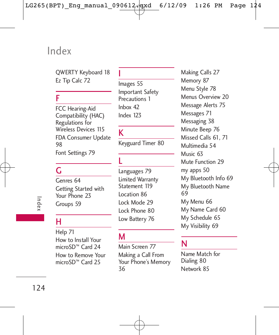 Index | LG LG265 User Manual | Page 124 / 128