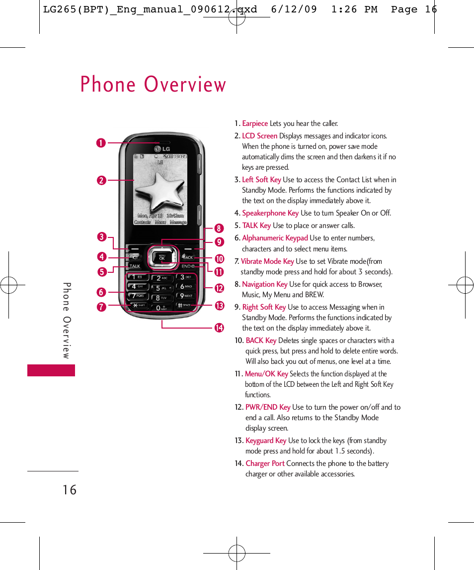 Phone overview, Phone ov ervie w | LG LG265 User Manual | Page 16 / 128