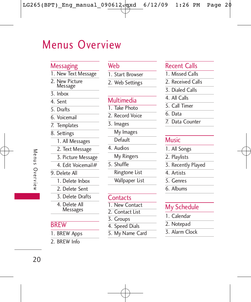 Menus overview, Messaging, Brew | Multimedia, Contacts, Recent calls, Music, My schedule | LG LG265 User Manual | Page 20 / 128