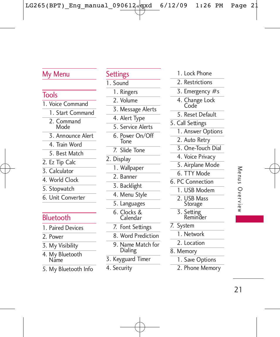 My menu tools, Bluetooth, Settings | LG LG265 User Manual | Page 21 / 128