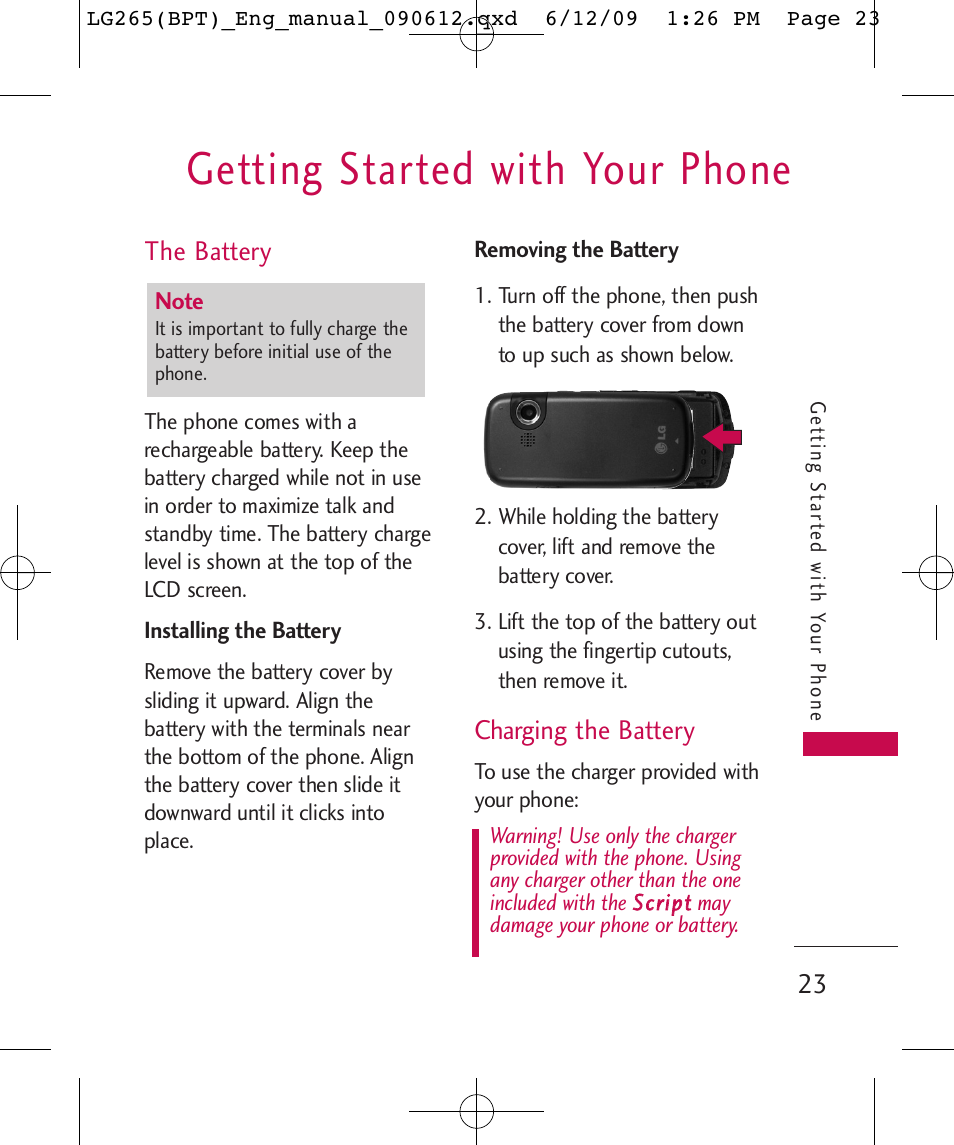 Getting started with your phone, The battery, Charging the battery | LG LG265 User Manual | Page 23 / 128