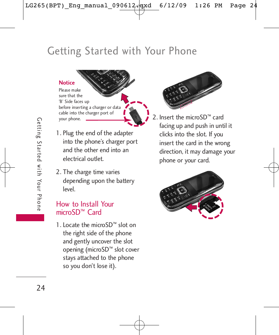 Getting started with your phone, How to install your microsd, Card | LG LG265 User Manual | Page 24 / 128