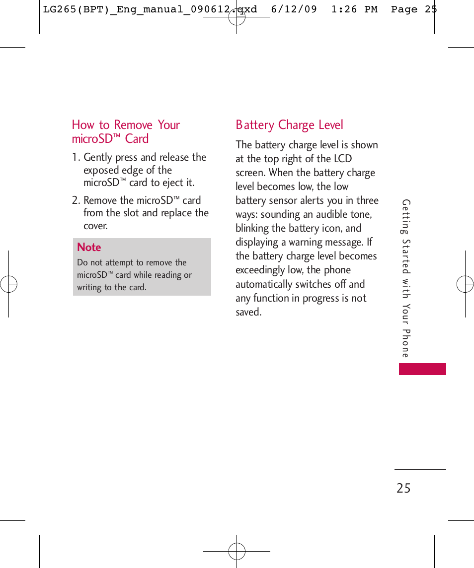 How to remove your microsd, Card, Battery charge level | LG LG265 User Manual | Page 25 / 128