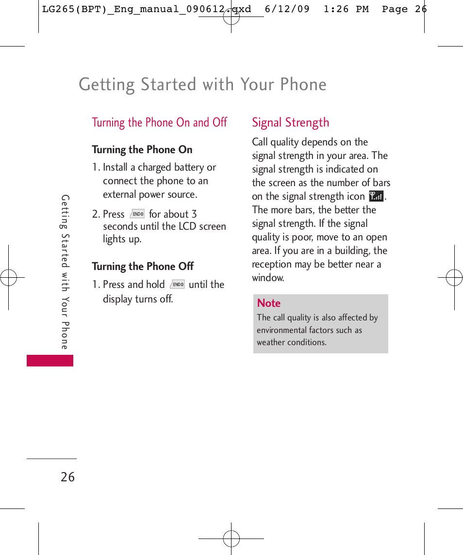 Getting started with your phone, Turning the phone on and off, Signal strength | LG LG265 User Manual | Page 26 / 128