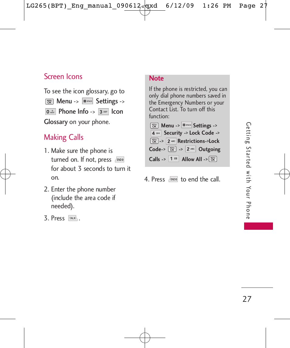 Screen icons, Making calls | LG LG265 User Manual | Page 27 / 128