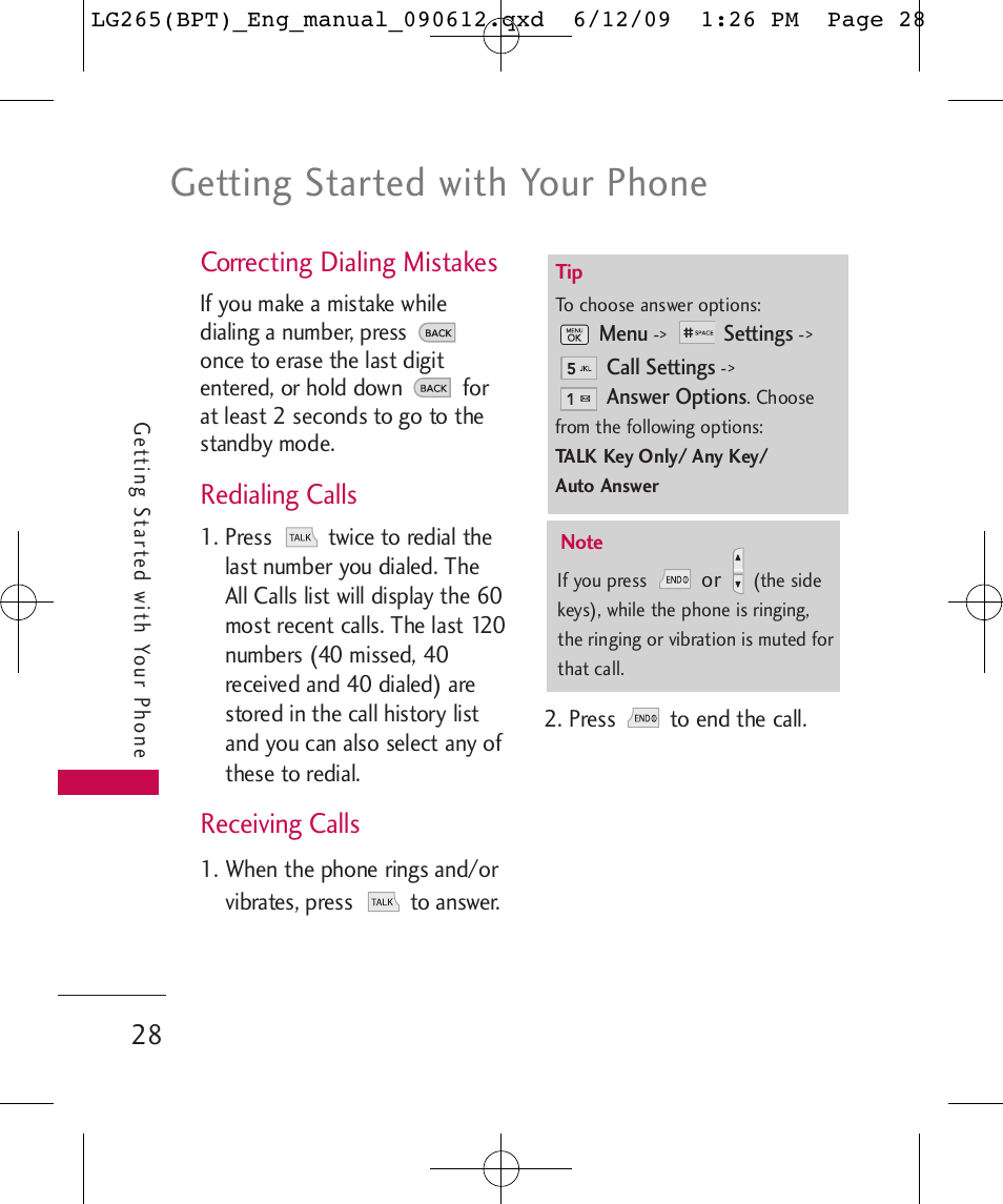 Getting started with your phone, Correcting dialing mistakes, Redialing calls | Receiving calls | LG LG265 User Manual | Page 28 / 128