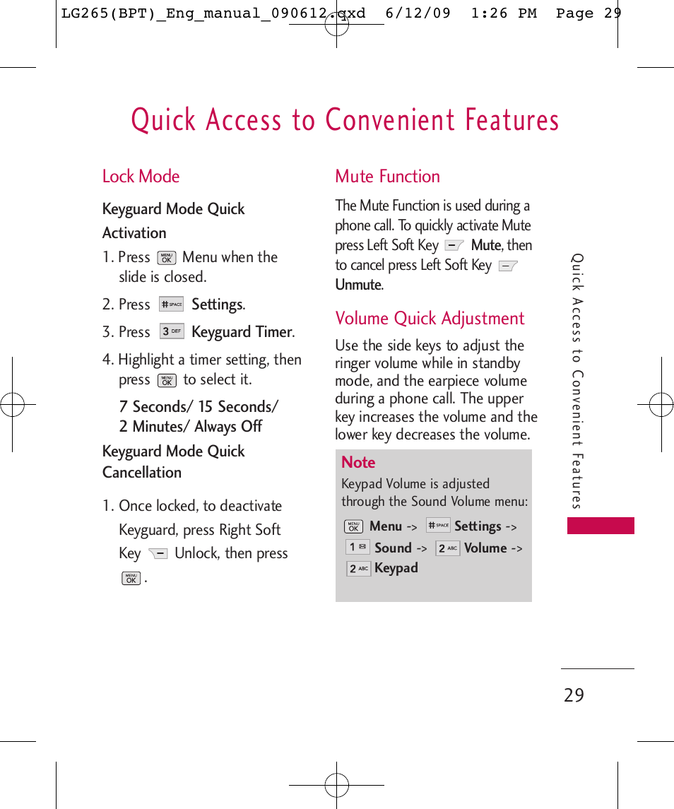 Quick access to convenient features, Lock mode, Mute function | Volume quick adjustment | LG LG265 User Manual | Page 29 / 128