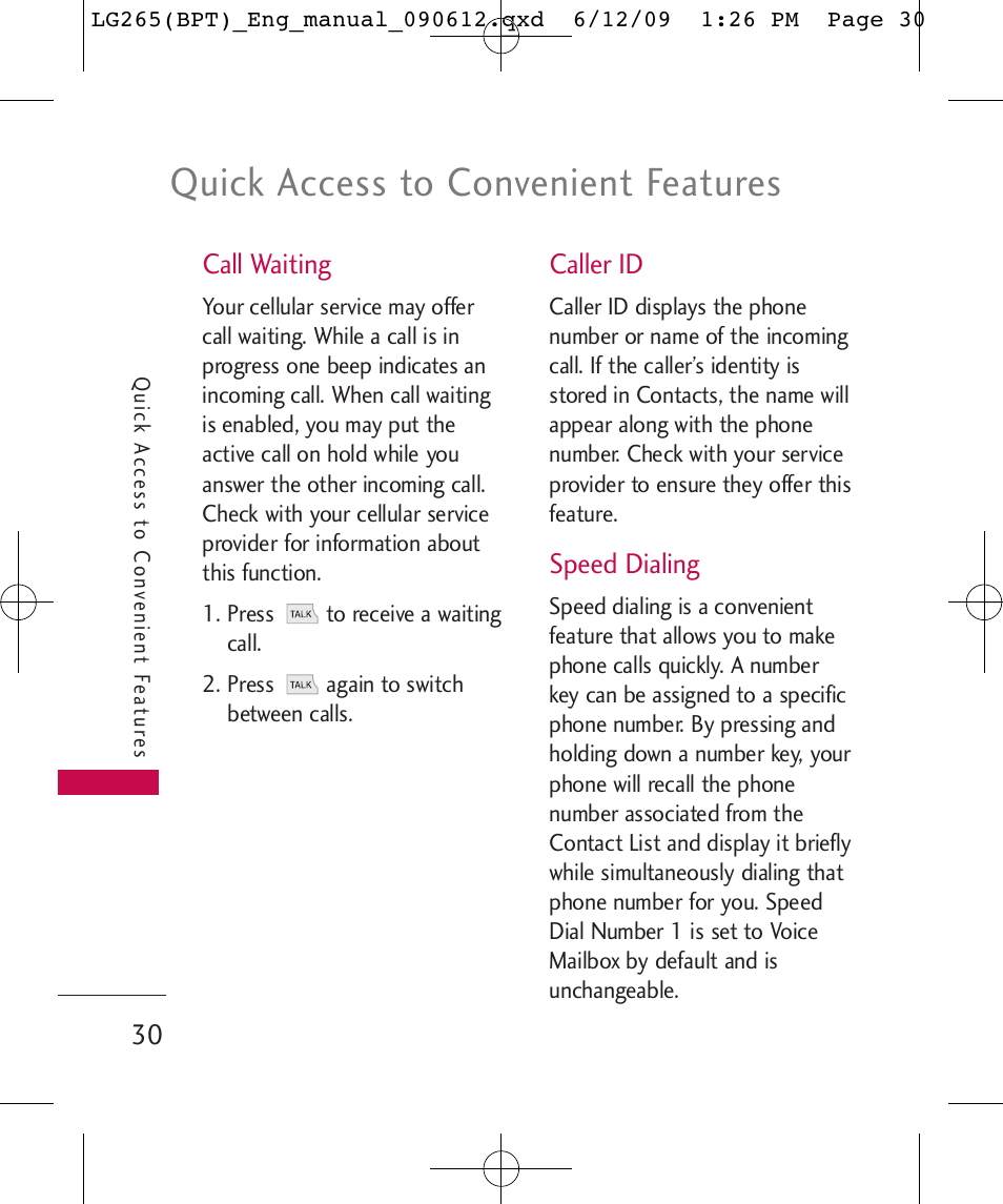 Quick access to convenient features, Call waiting, Caller id | Speed dialing | LG LG265 User Manual | Page 30 / 128