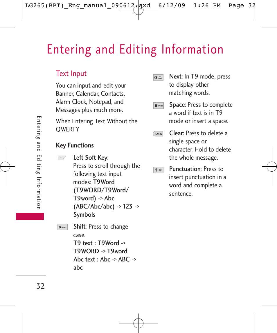 Entering and editing information | LG LG265 User Manual | Page 32 / 128