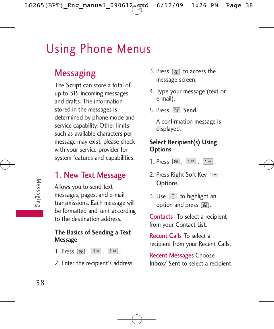 Using phone menus, Messaging, New text message | LG LG265 User Manual | Page 38 / 128