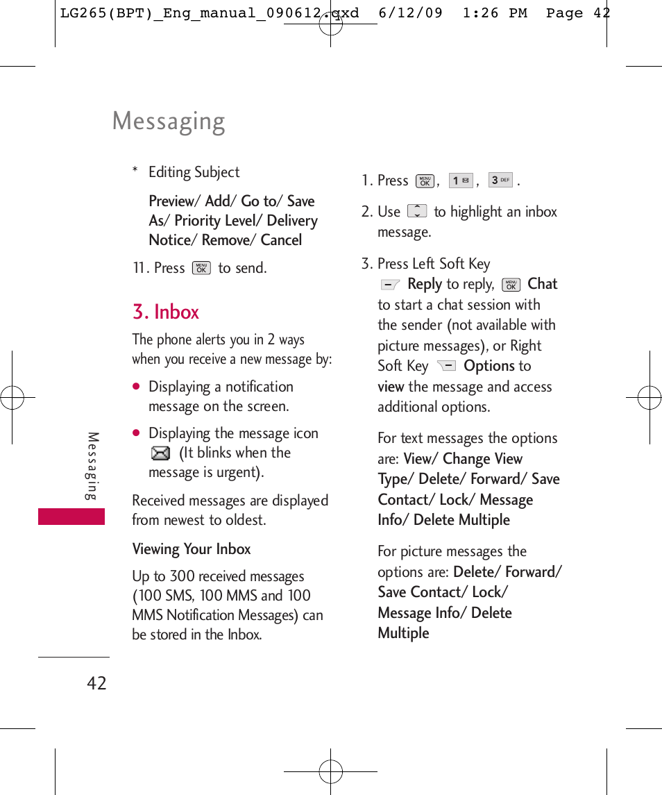 Messaging, Inbox | LG LG265 User Manual | Page 42 / 128