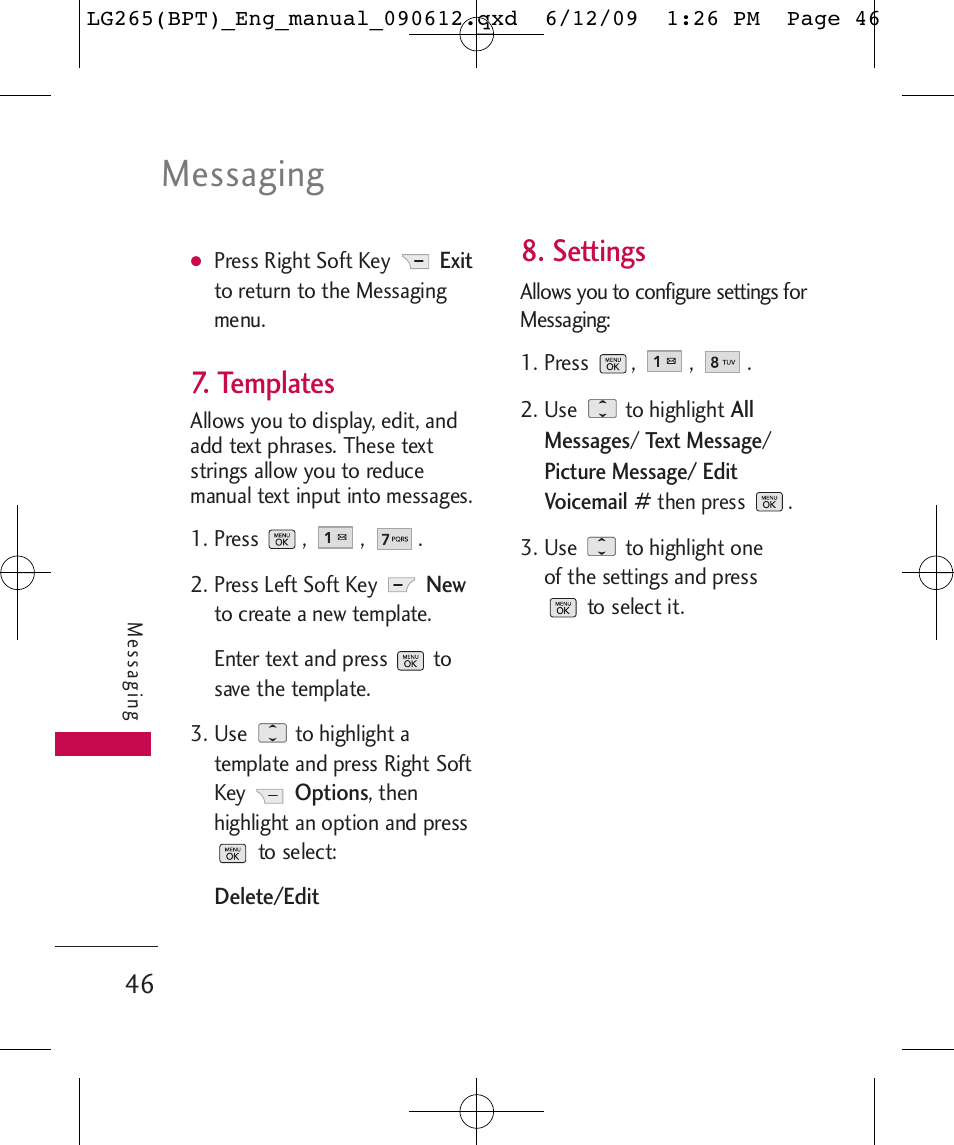 Messaging, Templates, Settings | LG LG265 User Manual | Page 46 / 128