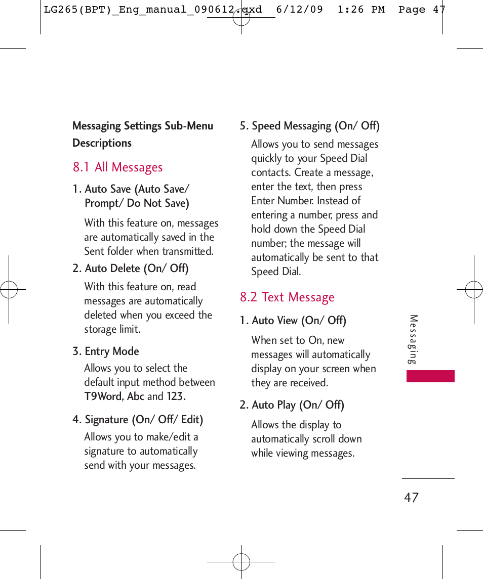 1 all messages, 2 text message | LG LG265 User Manual | Page 47 / 128