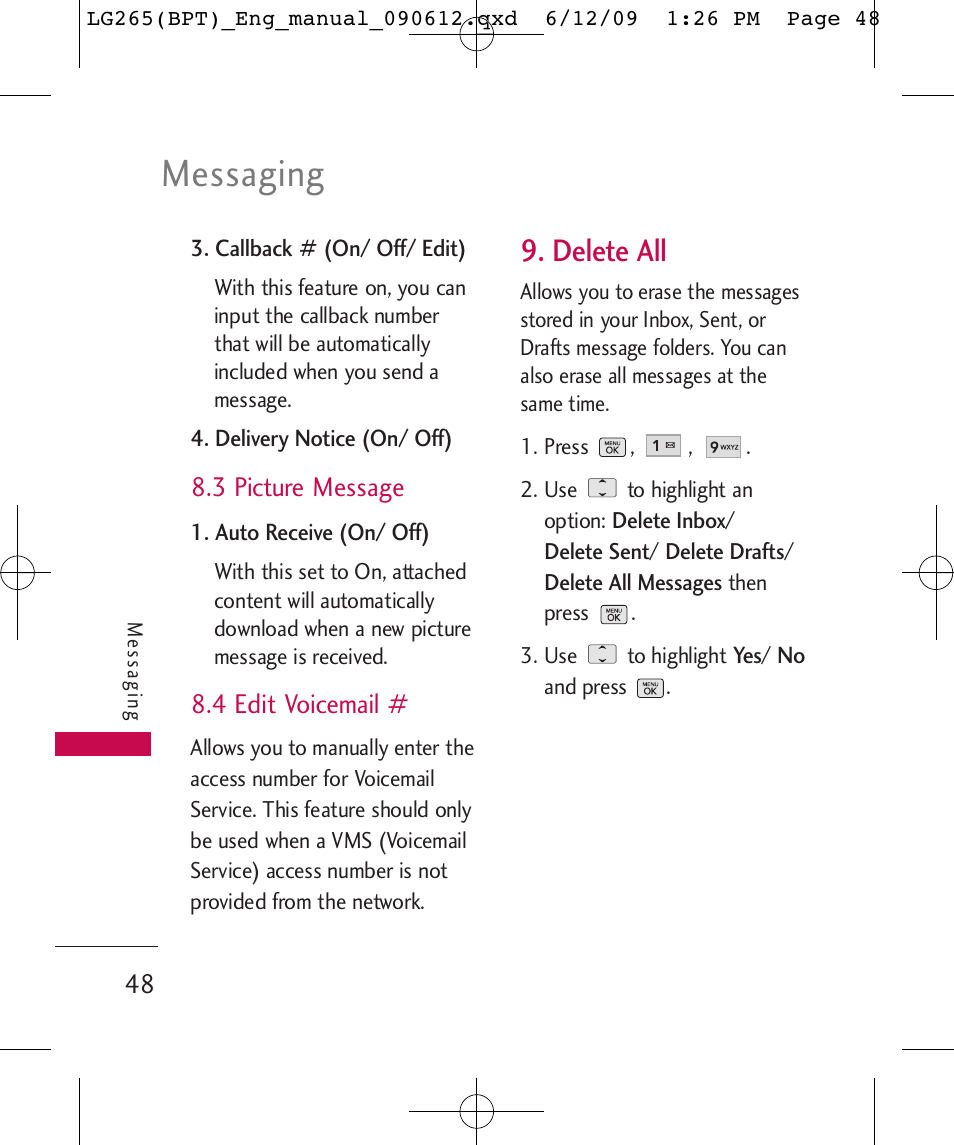 Messaging, Delete all | LG LG265 User Manual | Page 48 / 128