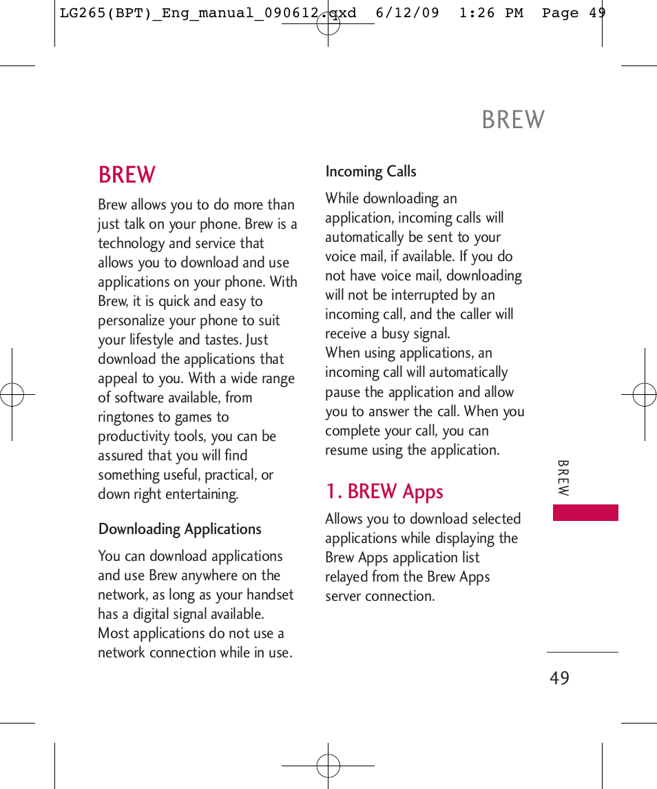 Brew, Brew apps | LG LG265 User Manual | Page 49 / 128