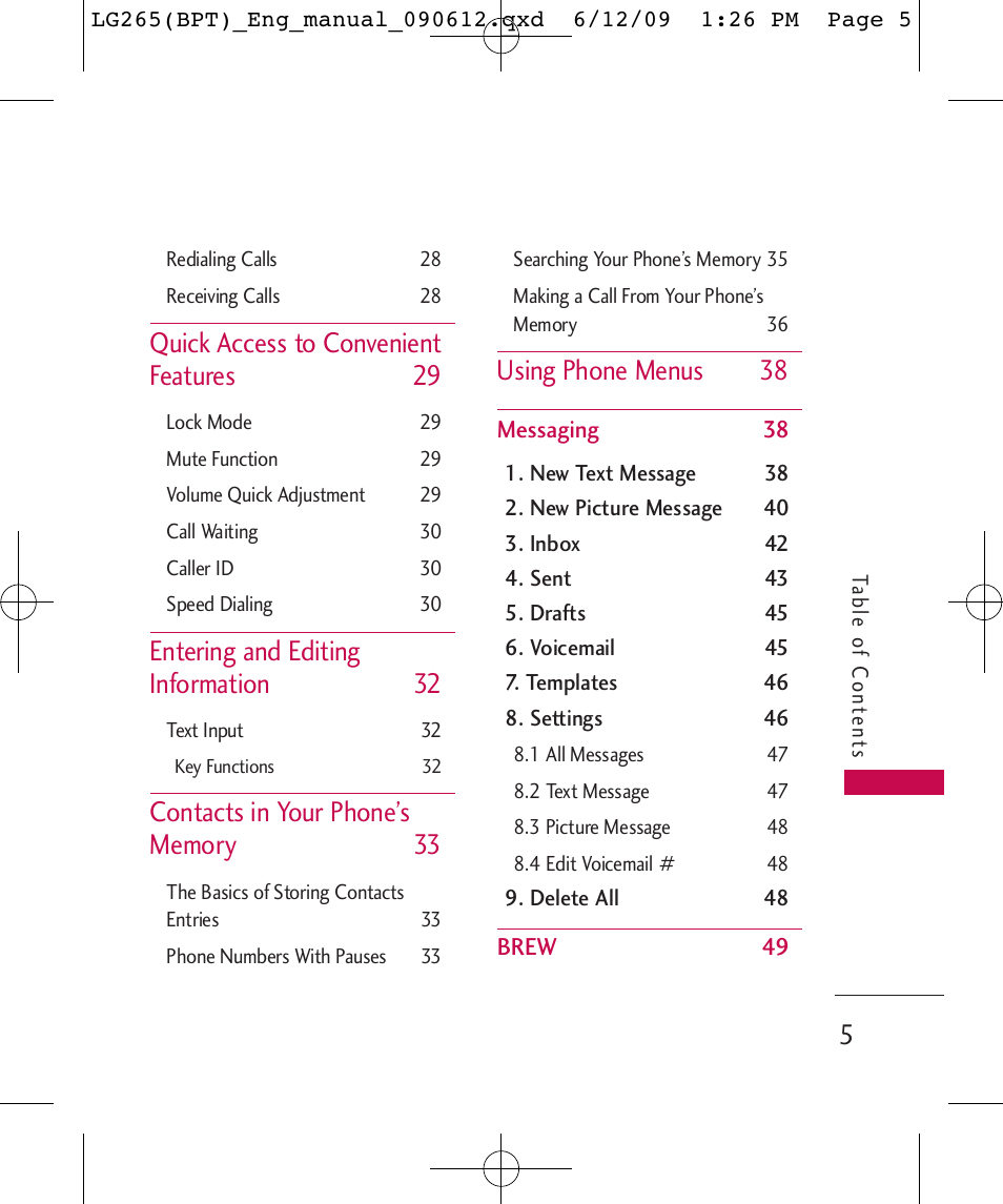 Quick access to convenient features 29, Entering and editing information 32, Using phone menus 38 | LG LG265 User Manual | Page 5 / 128