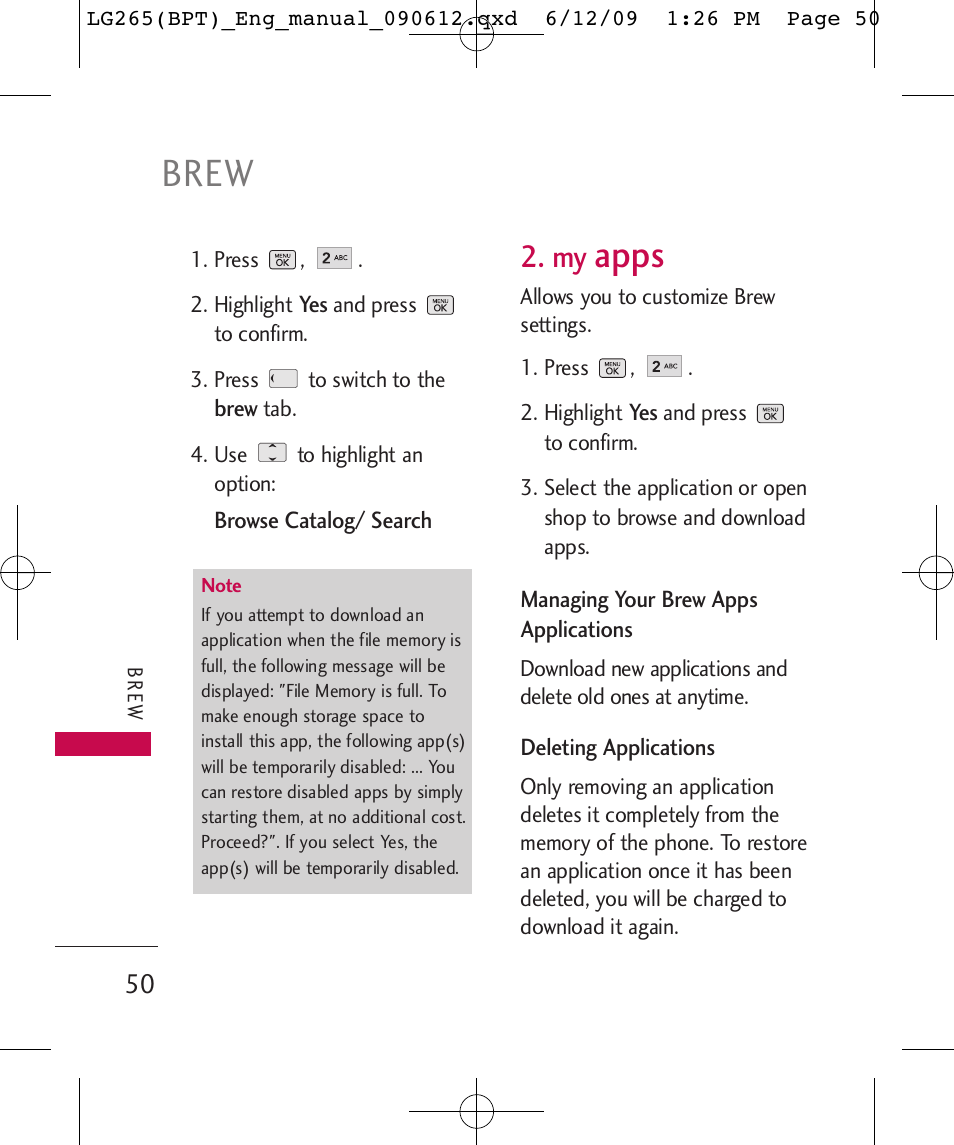 Brew, Apps | LG LG265 User Manual | Page 50 / 128