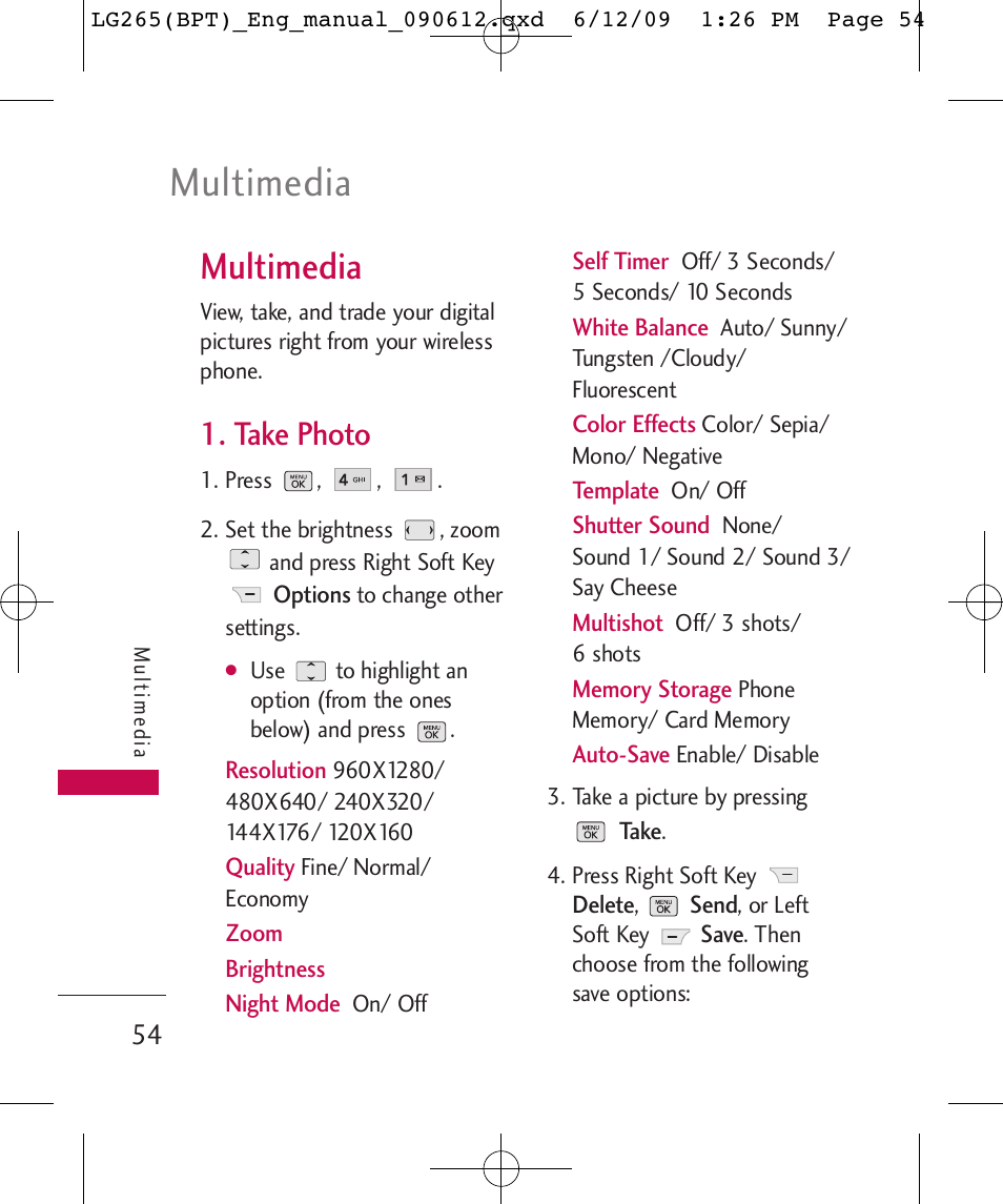 Multimedia, Take photo | LG LG265 User Manual | Page 54 / 128