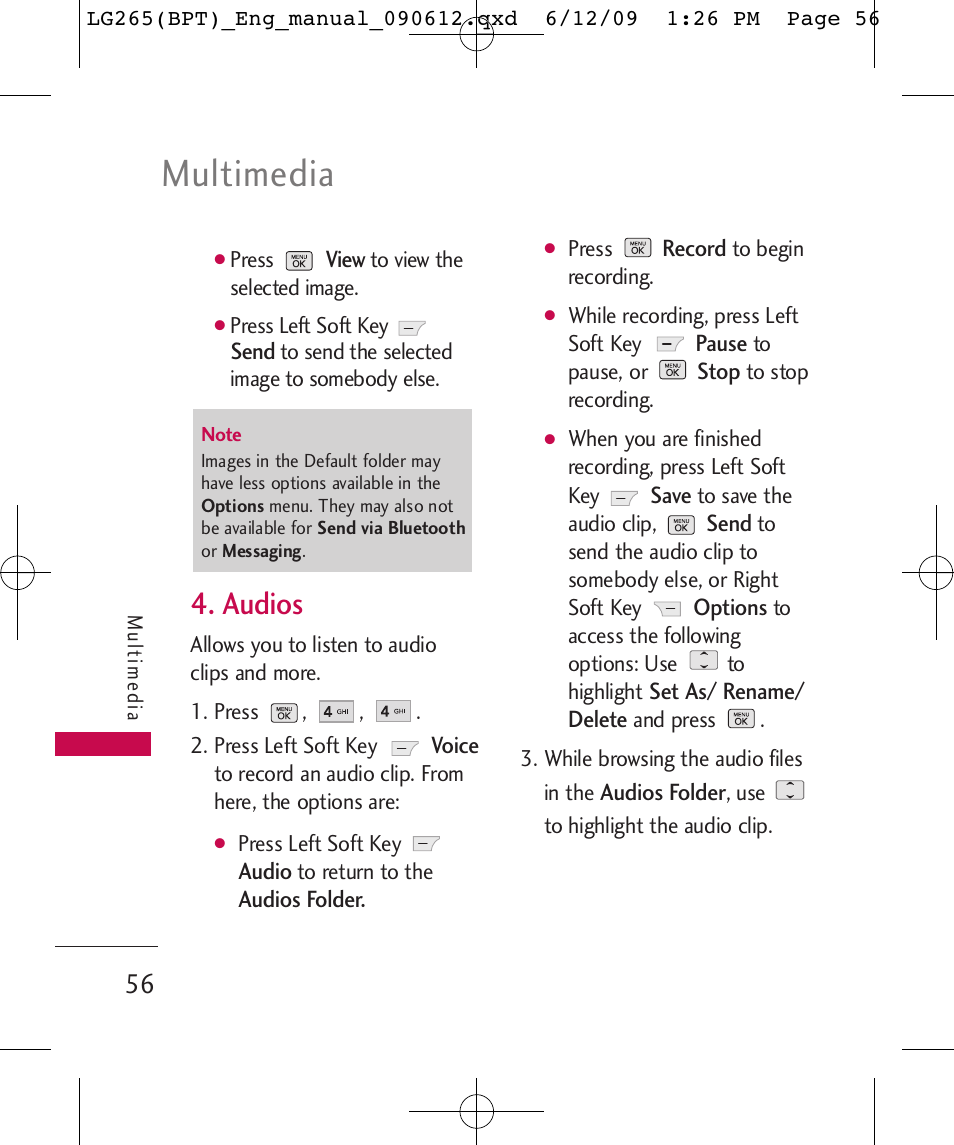 Multimedia, Audios | LG LG265 User Manual | Page 56 / 128